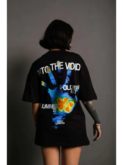 Kadın Bisiklet Yaka Baskılı Oversize Kısa Kol T-shirt - Siyah