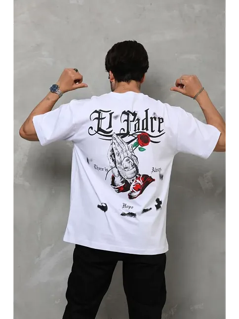 Erkek Kısa Kol Yazlık Tişört Bisiklet Yaka Baskılı Oversize T-shirt - Beyaz