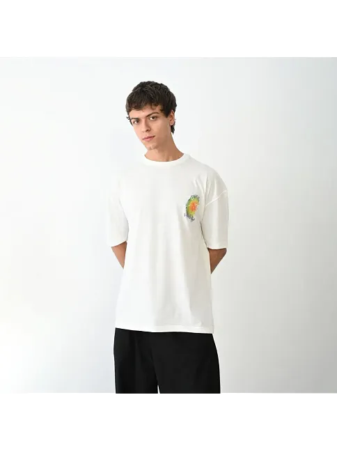 Erkek Kısa Kol Yazlık Tişört Bisiklet Yaka Baskılı Oversize T-shirt - Beyaz