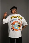 Erkek Bisiklet Yaka Baskılı Oversize Kısa Kol T-shirt - Beyaz