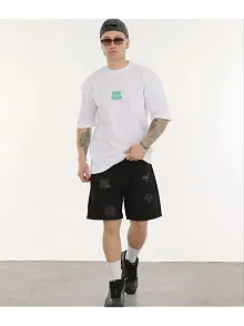 Erkek Kısa Kol Yazlık Tişört Bisiklet Yaka Baskılı Oversize T-shirt - Beyaz