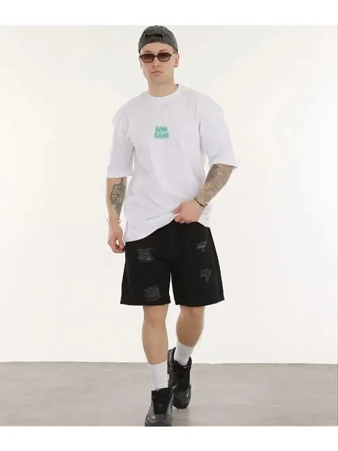 Erkek Kısa Kol Yazlık Tişört Bisiklet Yaka Baskılı Oversize T-shirt - Beyaz