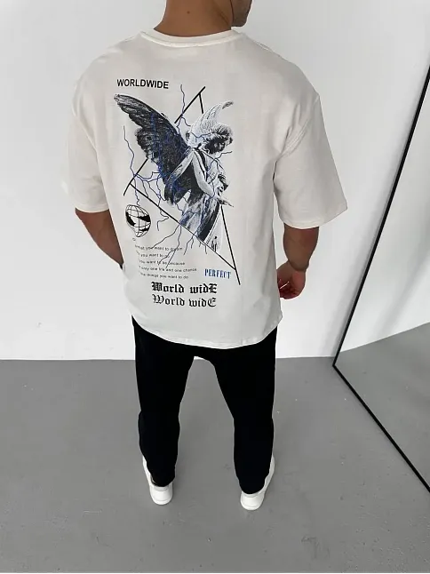 Erkek Yazlık Baskılı Tişört Bisiklet Yaka Kısa Kol Regular Fit T-shirt - Beyaz