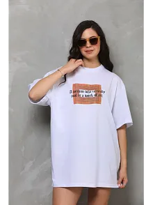 Kadın Baskılı T-shirt Kısa Kol Bisiklet Yaka Oversize Rahat Kalıp Tişört - Beyaz