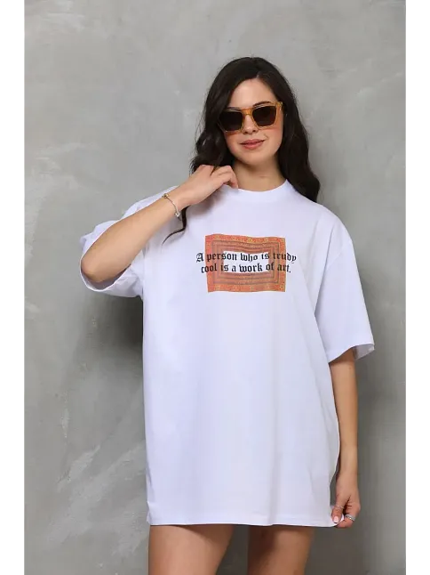 Kadın Baskılı T-shirt Kısa Kol Bisiklet Yaka Oversize Rahat Kalıp Tişört - Beyaz