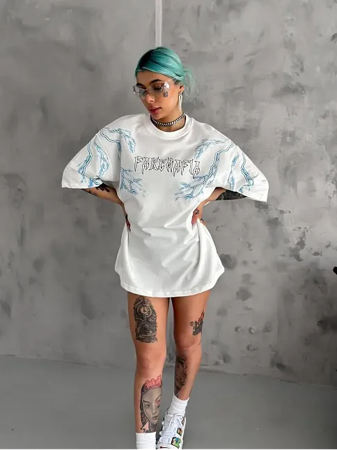 Kadın Tişort Bisiklet Yaka Yıldırım Şimşek Baskılı Kısa Kol T-shirt - Beyaz