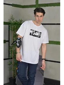 Erkek Kısa Kol Yazlık Tişört Bisiklet Yaka Baskılı Oversize T-shirt - Beyaz