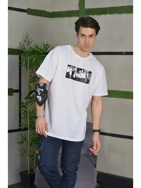 Erkek Kısa Kol Yazlık Tişört Bisiklet Yaka Baskılı Oversize T-shirt - Beyaz