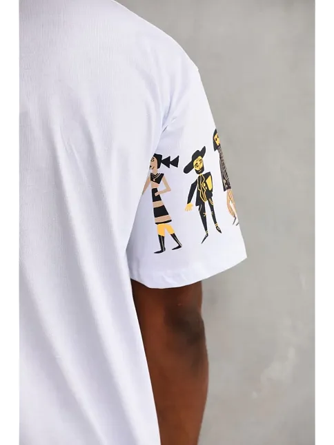 Erkek Kısa Kol Yazlık Tişört Bisiklet Yaka Baskılı Oversize T-shirt - Beyaz