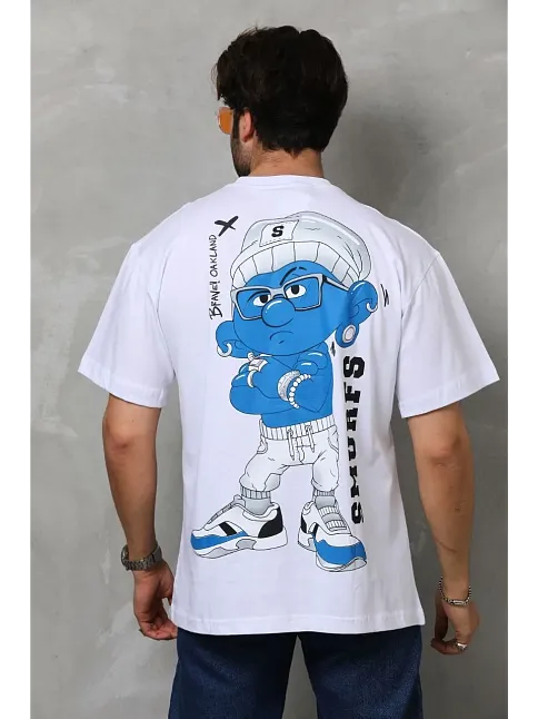 Erkek Kısa Kol Yazlık Tişört Bisiklet Yaka Baskılı Oversize T-shirt - Beyaz