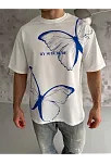 Erkek Kısa Kol Yazlık Tişört Bisiklet Yaka Baskılı Oversize T-shirt - Beyaz