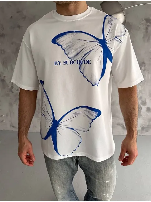 Erkek Kısa Kol Yazlık Tişört Bisiklet Yaka Baskılı Oversize T-shirt - Beyaz