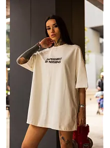 Kadın Bisiklet Yaka Baskılı Oversize  Kısa Kol T-shirt - Beyaz