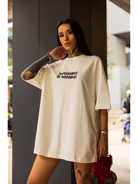 Kadın Bisiklet Yaka Baskılı Oversize  Kısa Kol T-shirt - Beyaz