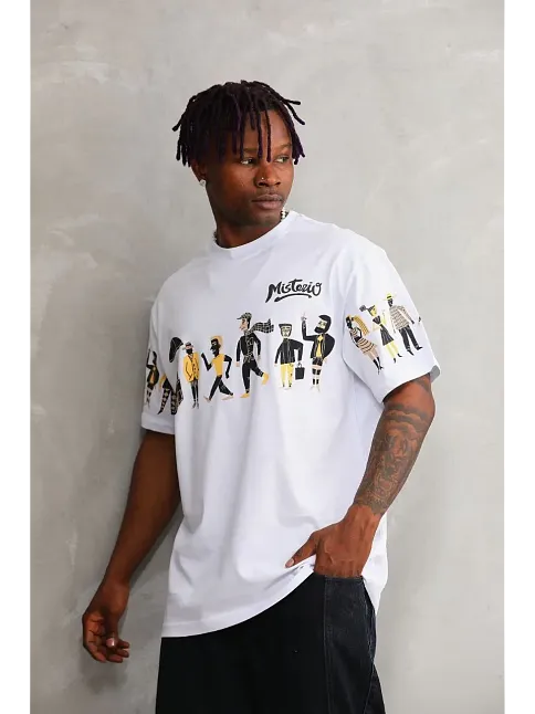 Erkek Kısa Kol Yazlık Tişört Bisiklet Yaka Baskılı Oversize T-shirt - Beyaz