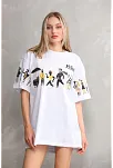 Kadın Bisiklet Yaka Baskılı Oversize T-shirt - Beyaz