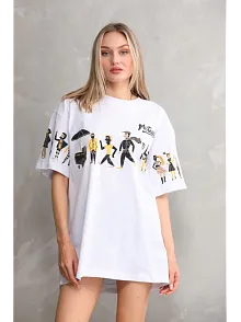 Kadın Bisiklet Yaka Baskılı Oversize T-shirt - Beyaz