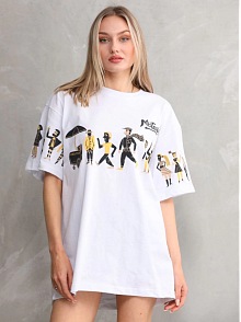 Kadın Bisiklet Yaka Baskılı Oversize T-shirt - Beyaz