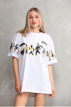 Kadın Bisiklet Yaka Baskılı Oversize T-shirt - Beyaz