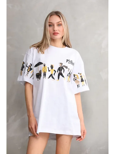 Kadın Bisiklet Yaka Baskılı Oversize T-shirt - Beyaz