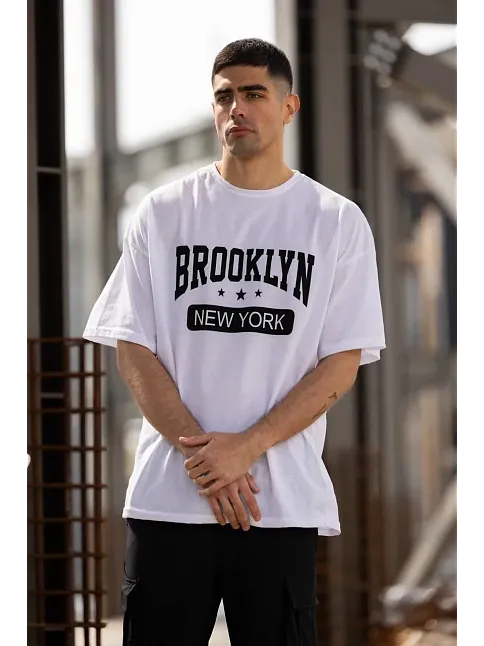 Erkek Kısa Kol Yazlık Tişört Bisiklet Yaka Baskılı Oversize T-shirt - Beyaz