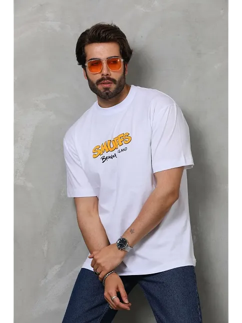 Erkek Kısa Kol Yazlık Tişört Bisiklet Yaka Baskılı Oversize T-shirt - Beyaz