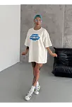 Kadın Kısa Kol Yazlık Tişört Bisiklet Yaka Baskılı Oversize T-shirt - Beyaz