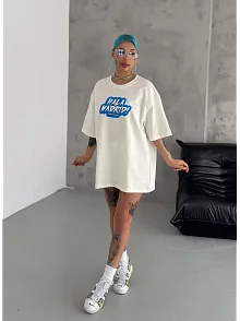 Kadın Kısa Kol Yazlık Tişört Bisiklet Yaka Baskılı Oversize T-shirt - Beyaz