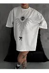 Kadın Bisiklet Yaka Baskılı Oversize  Kısa Kol T-shirt - Beyaz