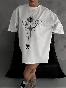 Kadın Bisiklet Yaka Baskılı Oversize  Kısa Kol T-shirt - Beyaz