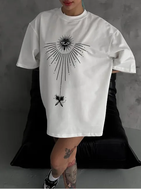 Kadın Bisiklet Yaka Baskılı Oversize  Kısa Kol T-shirt - Beyaz