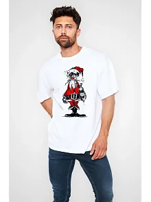 Erkek Kısa Kol Tişört Bisiklet Yaka Yeni Yıl Baskılı T-shirt - Beyaz