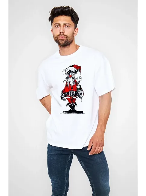 Erkek Kısa Kol Tişört Bisiklet Yaka Yeni Yıl Baskılı T-shirt - Beyaz