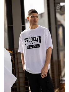 Erkek Kısa Kol Yazlık Tişört Bisiklet Yaka Baskılı Oversize T-shirt - Beyaz