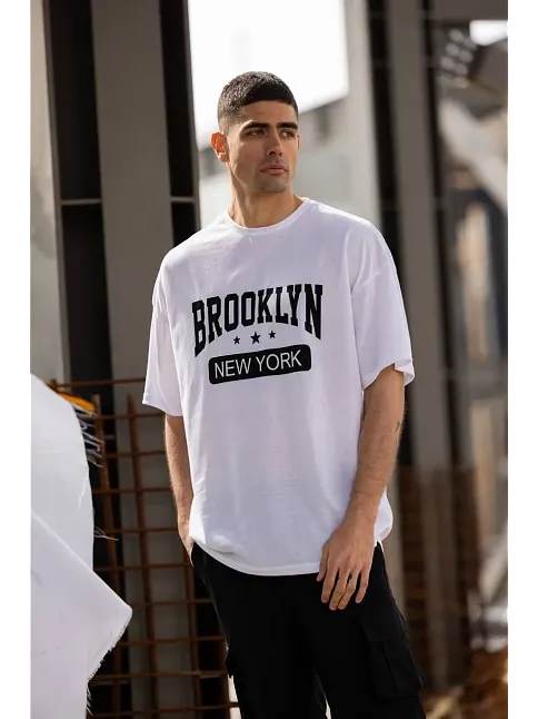 Erkek Kısa Kol Yazlık Tişört Bisiklet Yaka Baskılı Oversize T-shirt - Beyaz
