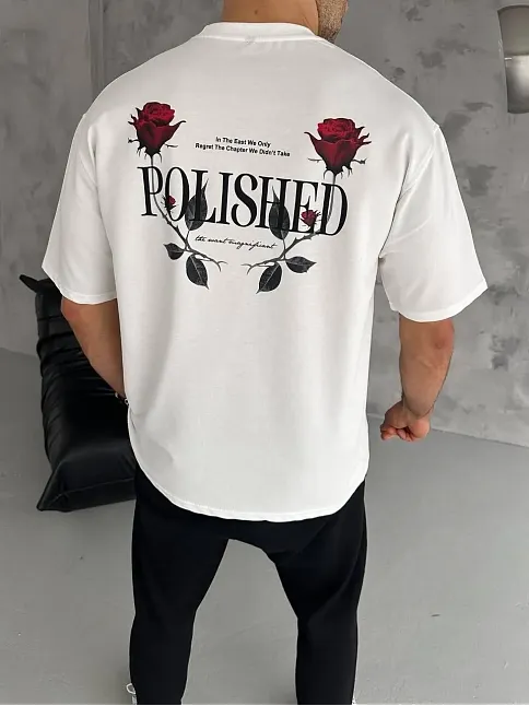 Erkek Kısa Kol Yazlık Tişört Bisiklet Yaka Baskılı Oversize T-shirt - Beyaz