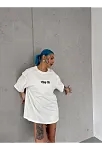 Kadın Kısa Kol Yazlık Tişört Bisiklet Yaka Baskılı Oversize T-shirt - Beyaz