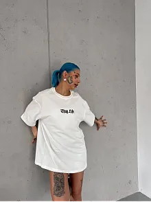 Kadın Kısa Kol Yazlık Tişört Bisiklet Yaka Baskılı Oversize T-shirt - Beyaz