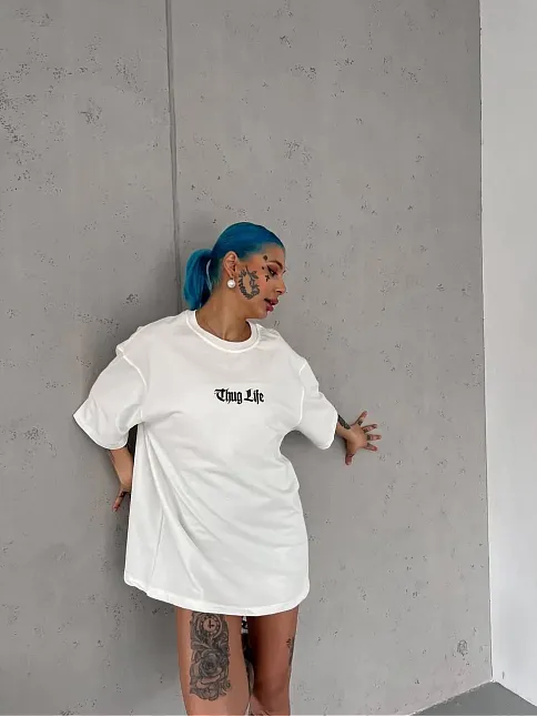 Kadın Kısa Kol Yazlık Tişört Bisiklet Yaka Baskılı Oversize T-shirt - Beyaz