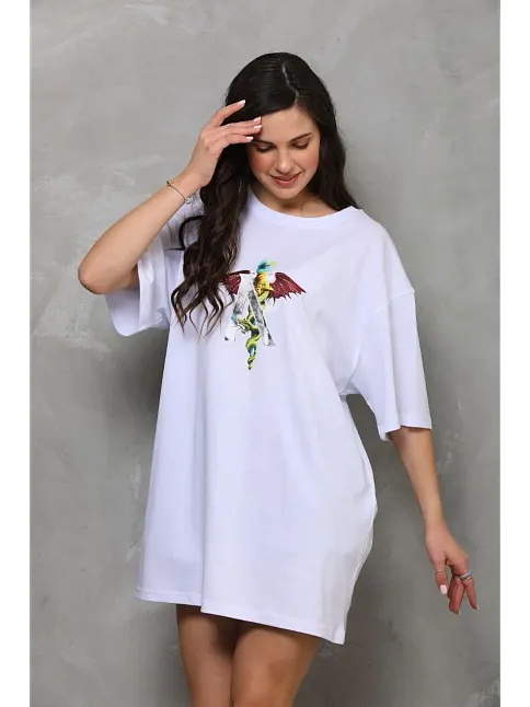 Kadın Baskılı T-shirt Kısa Kol Bisiklet Yaka Regular Fit Rahat Kalıp Günlük Tişört - Beyaz