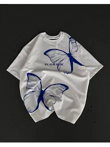 Kadın  Bisiklet Yaka Baskılı Oversize T-shirt - Beyaz