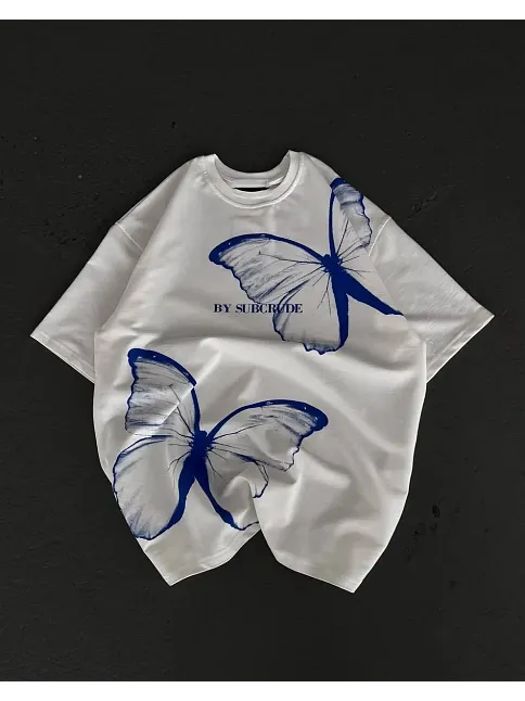 Kadın  Bisiklet Yaka Baskılı Oversize T-shirt - Beyaz