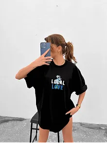 Kadın Tişort Bisiklet Yaka Baskılı Kısa Kol Oversize T-shirt - Siyah