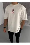 Erkek Kısa Kol Tişört Bisiklet Yaka Gül Baskılı Oversize T-shirt - Beyaz