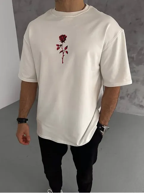 Erkek Kısa Kol Tişört Bisiklet Yaka Gül Baskılı Oversize T-shirt - Beyaz