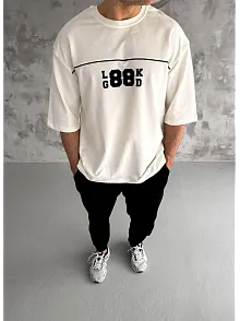 Erkek Kısa Kol Yazlık Tişört Bisiklet Yaka Baskılı Oversize T-shirt - Beyaz