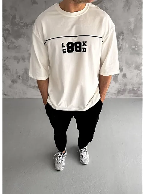 Erkek Kısa Kol Yazlık Tişört Bisiklet Yaka Baskılı Oversize T-shirt - Beyaz
