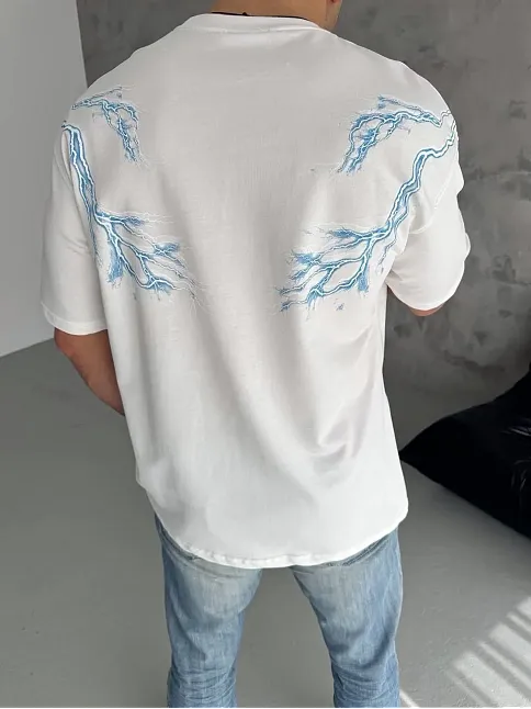 Erkek Bisiklet Yaka Tişört Yıldırım Şimşek Baskılı Kısa Kol T-shirt - Beyaz