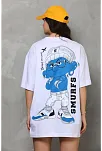 Kadın Bisiklet Yaka Baskılı Oversize T-shirt - Beyaz