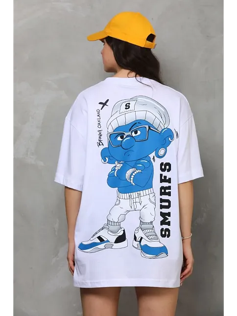 Kadın Bisiklet Yaka Baskılı Oversize T-shirt - Beyaz